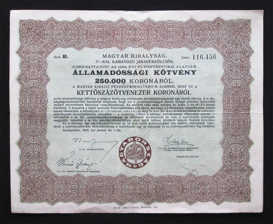 Államadóssági kötvény járadékkölcsön 250000 korona 1925